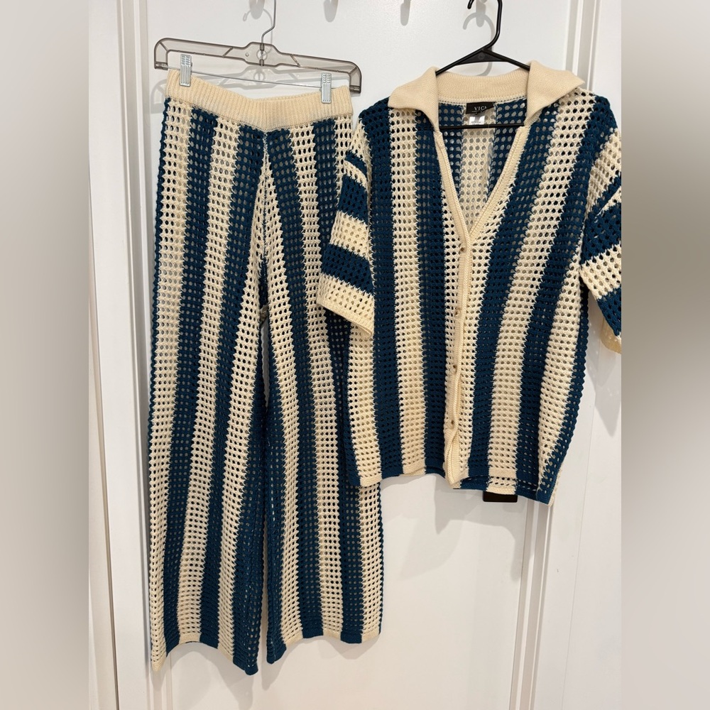 Vici Navy and Cream Striped Crochet Swim Coverup Set